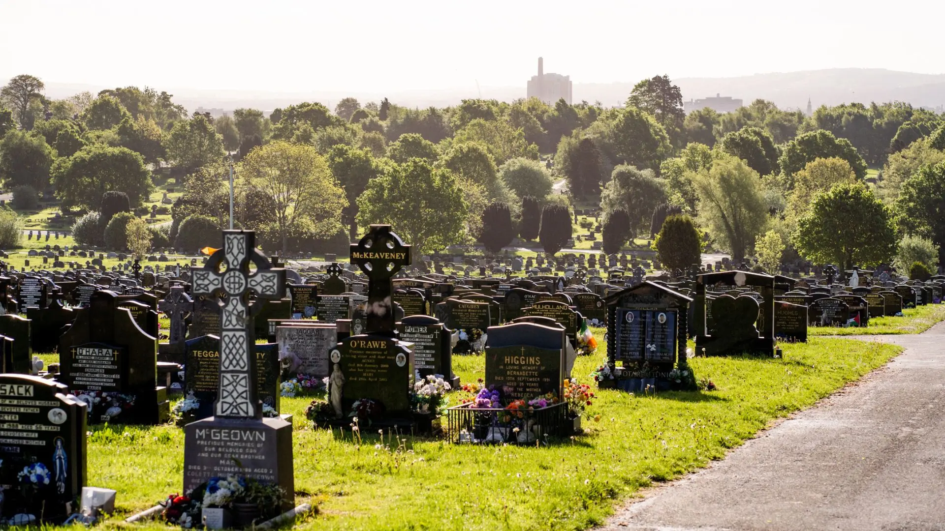 Rows of granite headstones in a UK cemetery