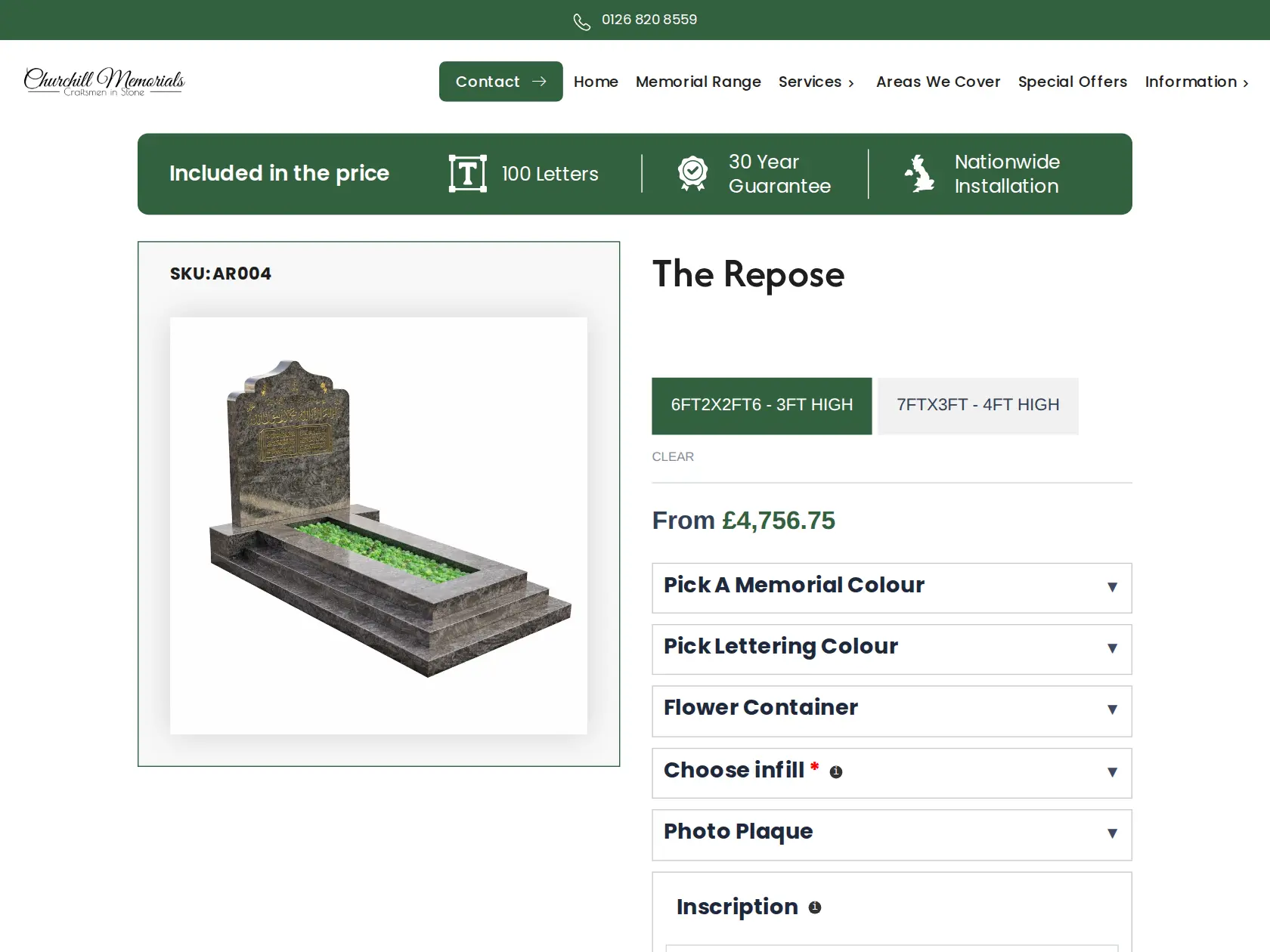 A Churchill Memorials product page, with size options, colour choices and an inscription field