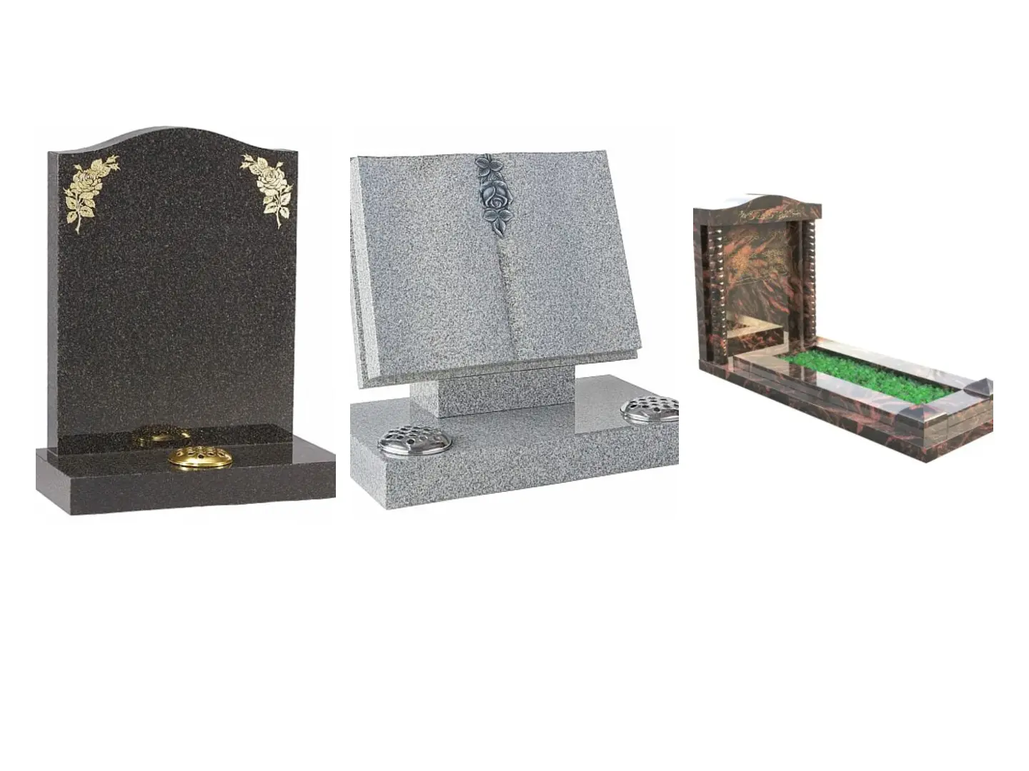 Three memorials from the Churchill range: a black granite headstone with gold roses, a grey granite book memorial and a kerb set for a Muslim grave