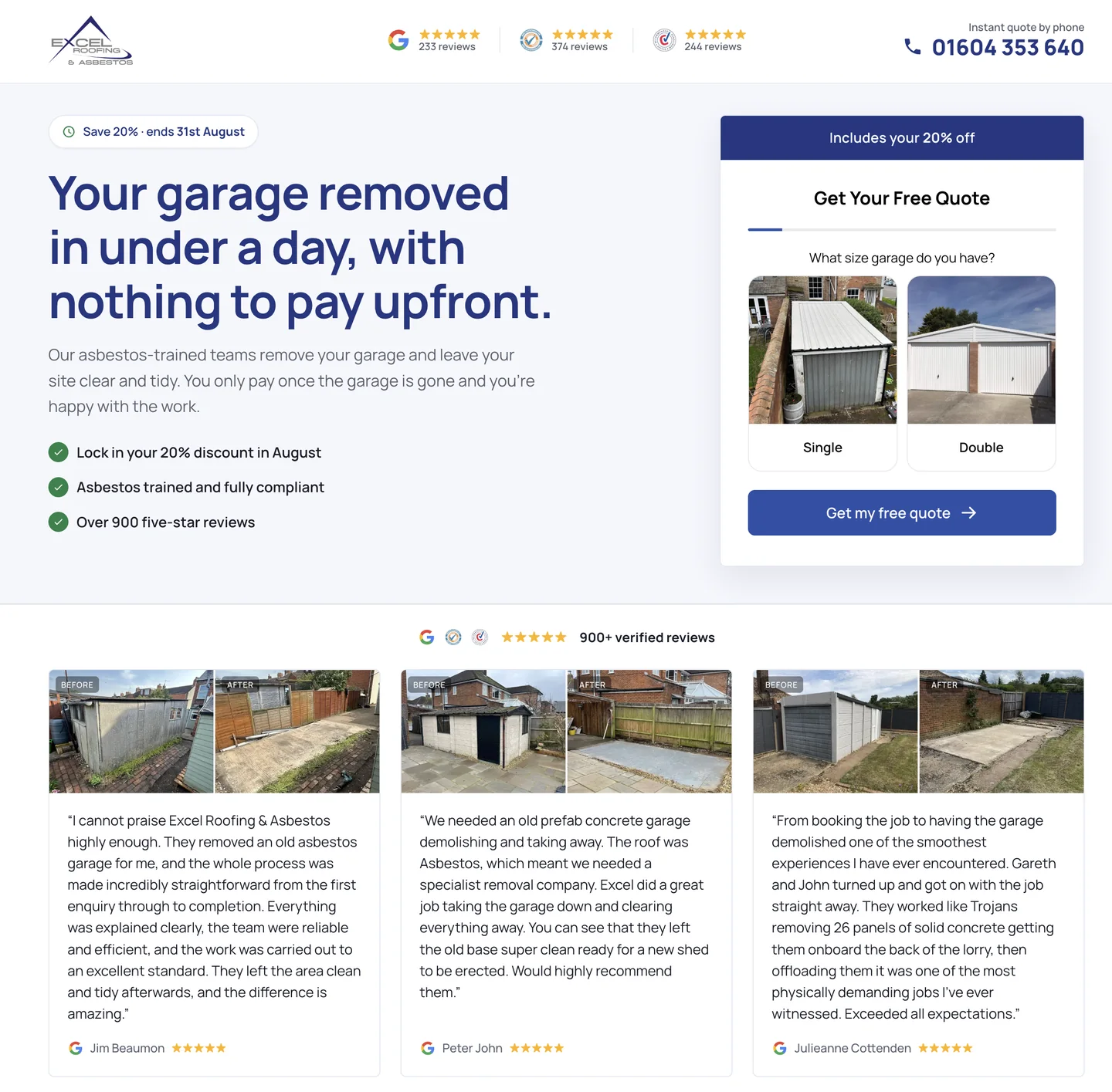 The Excel Roofing & Asbestos garage removal landing page, showing the headline, the review counts and the quote form