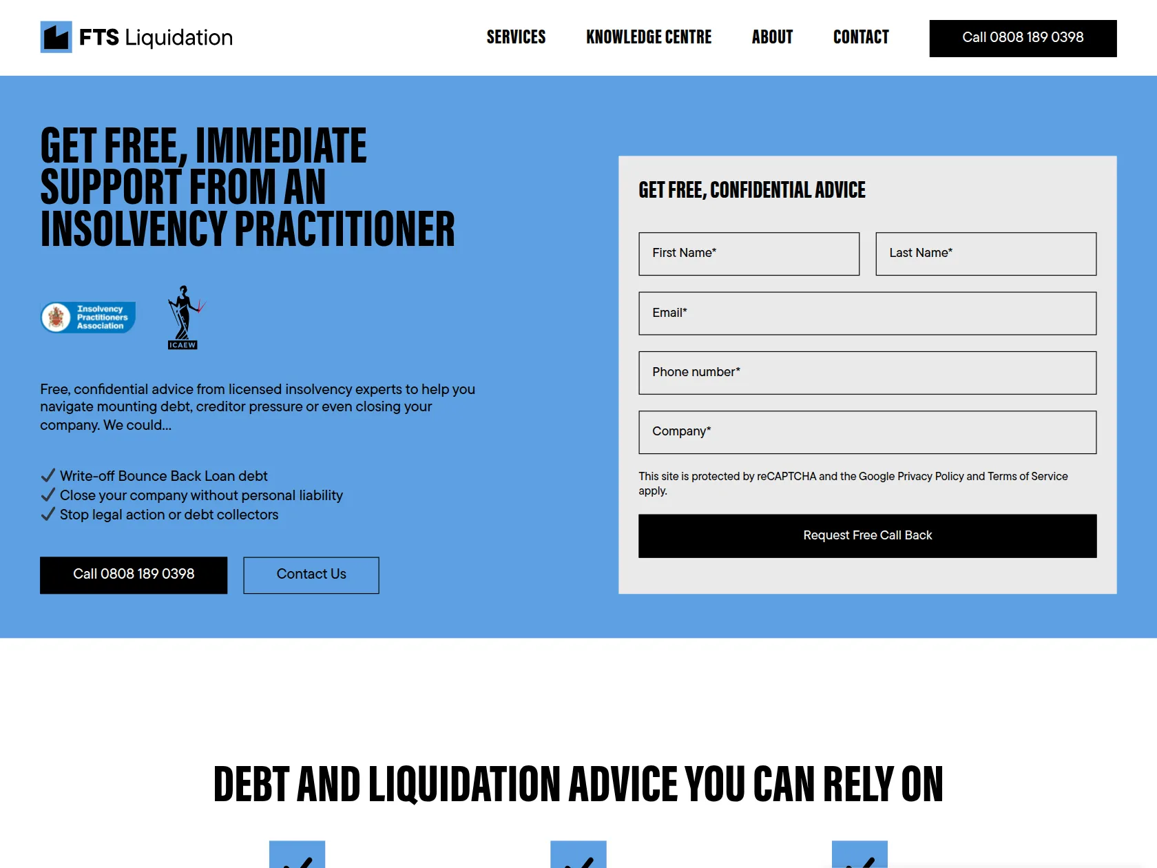 The FTS Liquidation insolvency practitioner page, with a free call back form and the phone number
