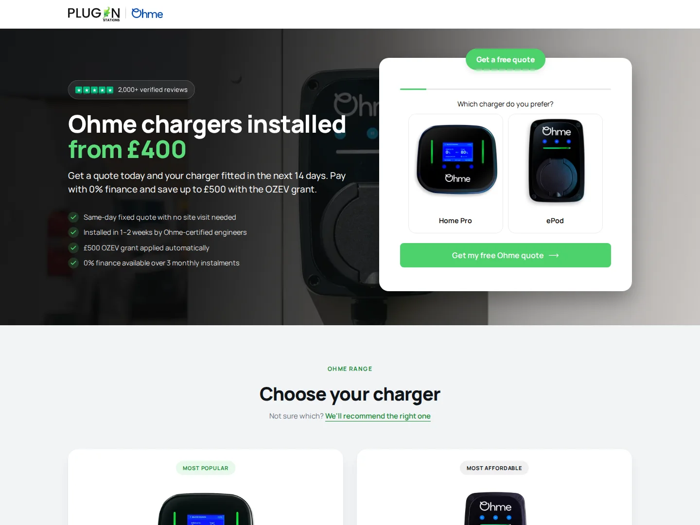 The Plug In Stations Ohme landing page, showing the headline, the review count and the charger quote form