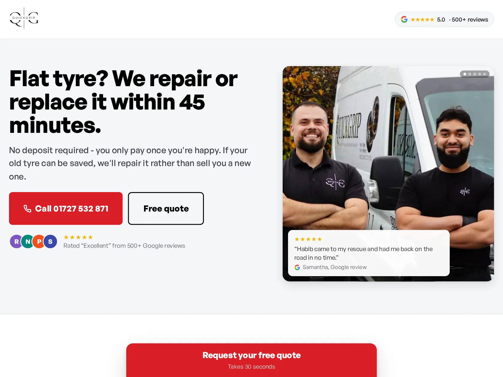 The QuickGrip landing page, with the 45-minute promise, the call button and Google reviews