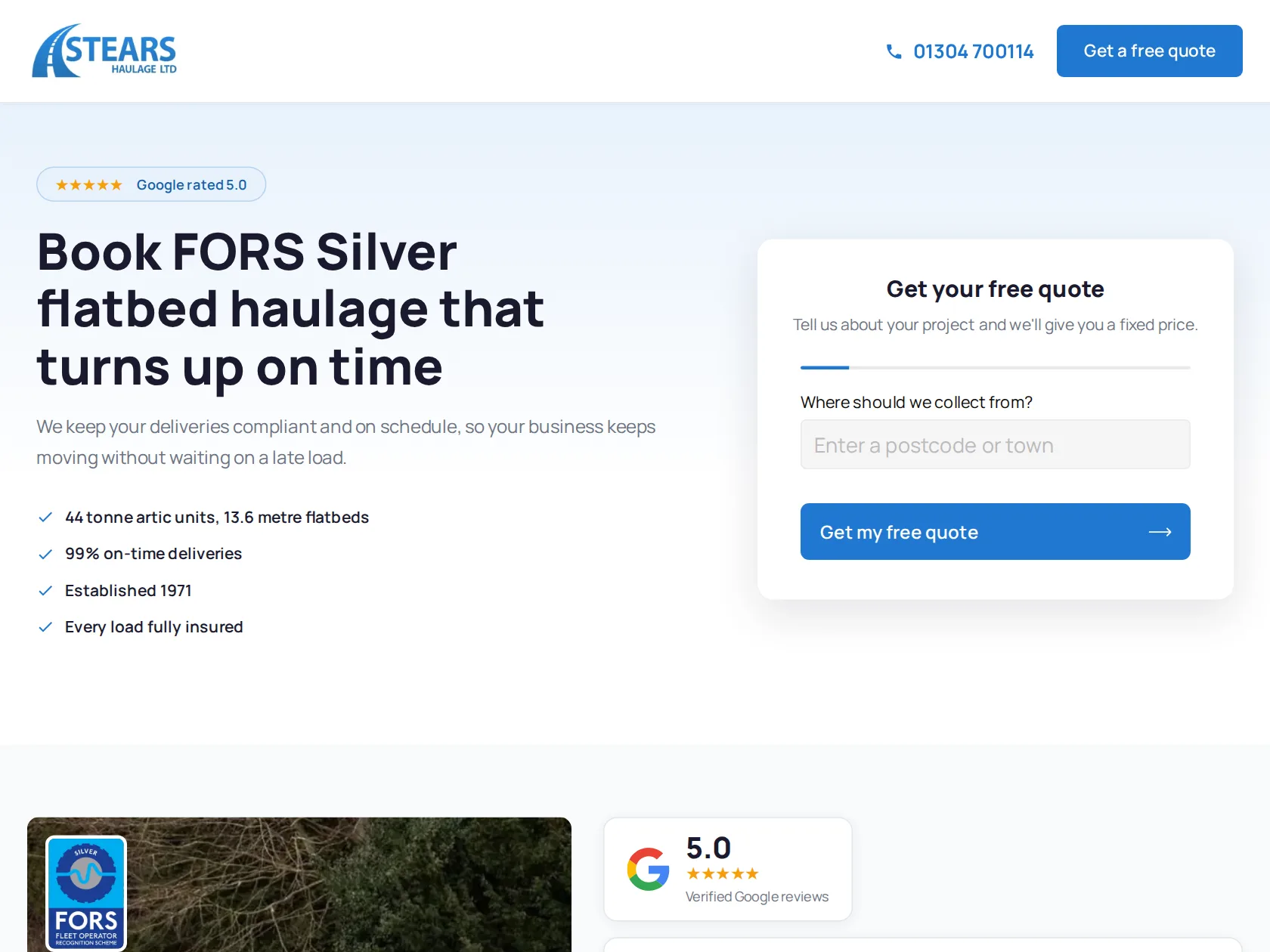 The Stears Haulage landing page, with the FORS Silver headline and the quote form